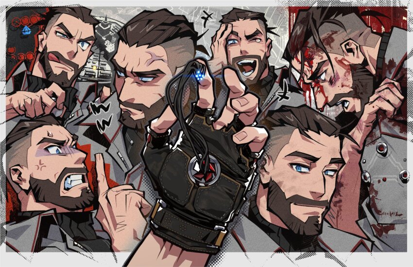 :q abstract_background anger_vein atomic_heart beard blood blood_on_face blue_eyes brown_hair clenched_teeth facial_hair finger_to_mouth fingerless_gloves frown fukurau gloves grey_jacket highres injury jacket laughing light_smile looking_to_the_side male_focus multiple_views one_eye_closed p-3_(atomic_heart) shushing sweater teeth thick_eyebrows tongue tongue_out turtleneck turtleneck_sweater undercut