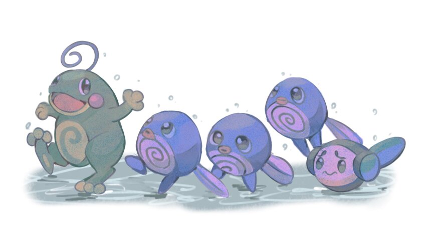 :d anzu_(01010611) commentary_request from_side gen_1_pokemon gen_2_pokemon gen_5_pokemon highres hopping leg_up nintendo no_humans open_mouth pokemon pokemon_(creature) politoed poliwag smile standing tympole water_drop white_background