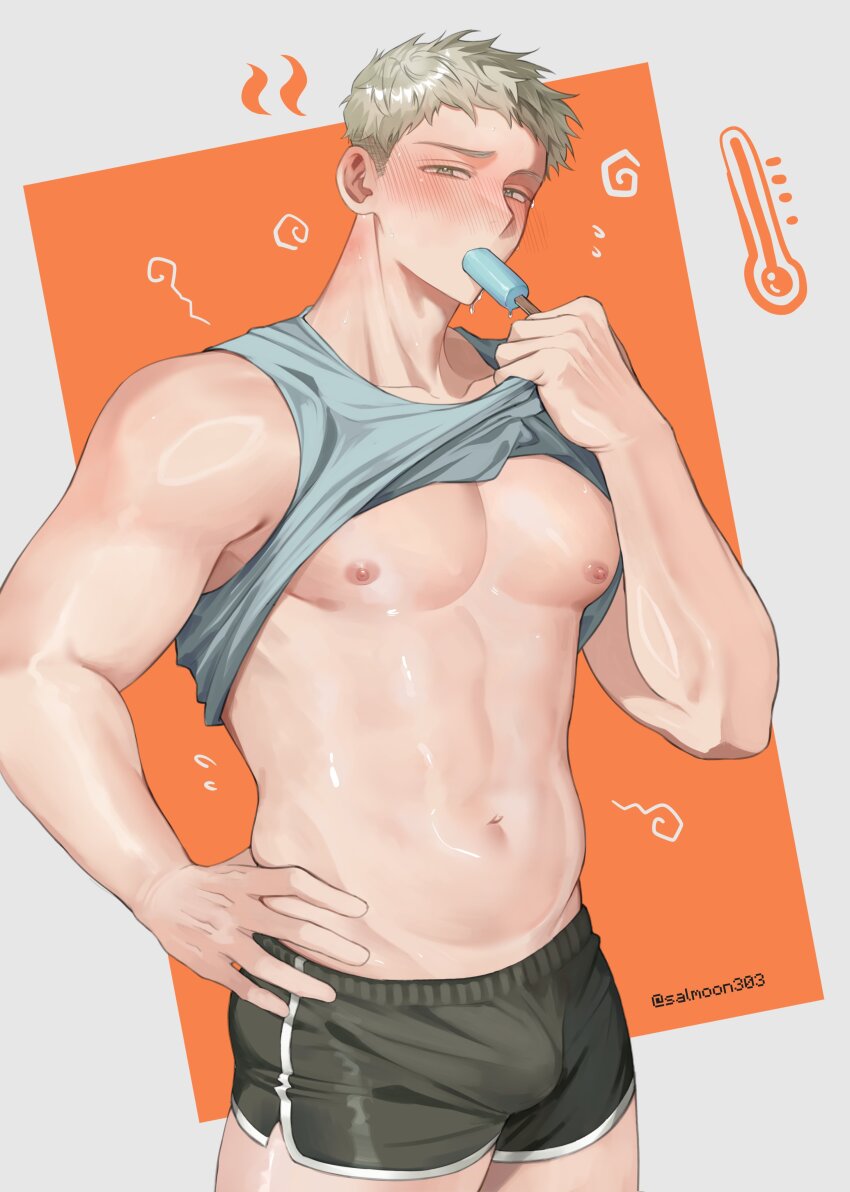 1boy absurdres alternate_costume blonde_hair blush bulge clothes_lift collarbone commentary cowboy dungeon_meshi food food_in_mouth hand_on_own_hip highres hot laios_touden lifting_own_clothes looking_at_viewer male_focus melting_popsicle mouth_hold navel nipples plump popsicle popsicle_in_mouth shiny_skin shirt_lift short_hair short_shorts shorts simple_background snowsalmon0x0 solo tank_top twitter_username western