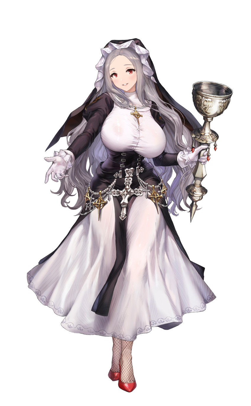 1girl black_corset blush breasts brown_dust_(series) brown_dust_2 capelet chalice corset cup dress fishnet_thighhighs fishnets full_body gloves highres holding holding_staff juliet_sleeves large_breasts lips long_hair long_sleeves looking_at_viewer michaela_(brown_dust) nun official_art open_mouth puffy_sleeves red_eyes red_shoes rosary shoes simple_background smile solo staff teeth thighhighs transparent_background white_capelet white_dress white_gloves