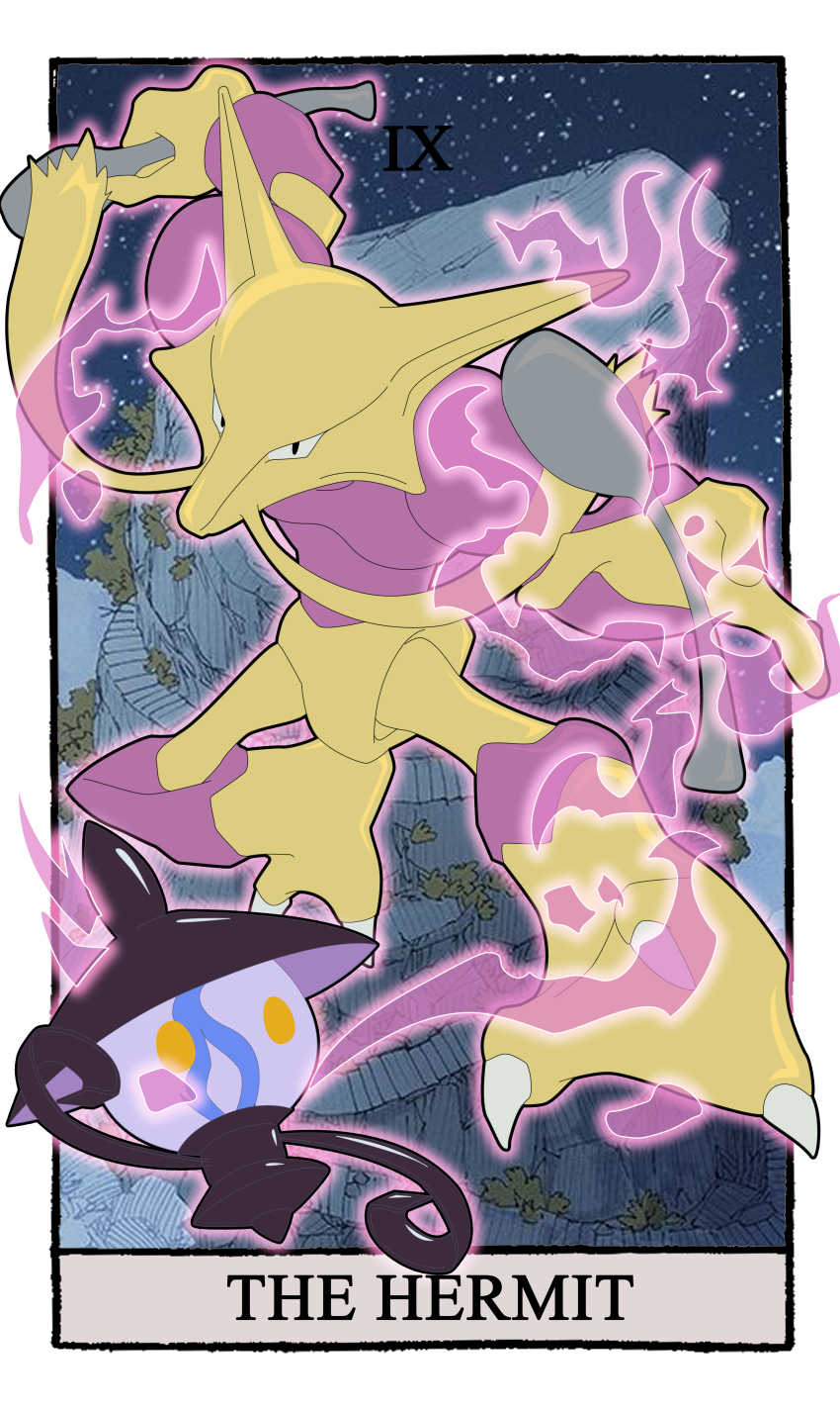absurdres alakazam black_eyes border carrotzmoonman commentary english_commentary full_body gen_1_pokemon gen_5_pokemon highres lampent nintendo no_humans orange_eyes outline pink_outline pokemon pokemon_(creature) screenshot_background spoon tarot telekinesis the_hermit_(tarot) white_border