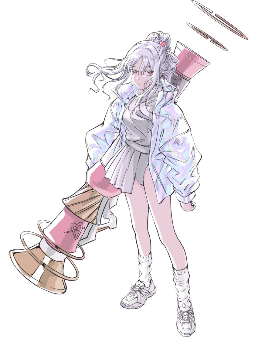 1girl applechoc caren_hortensia caren_hortensia_(amor_caren) dress fate/grand_order fate_(series) highres holding holding_weapon jacket long_hair weapon white_background white_dress white_footwear white_hair white_jacket yellow_eyes