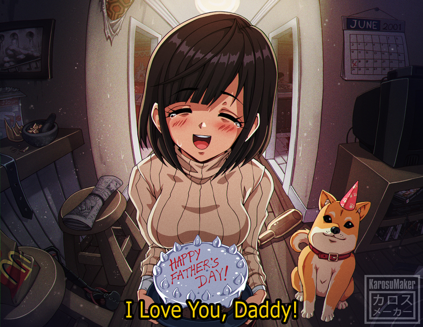 1990s_(style) 1girl angela_orosco artist_name black_hair blush breasts brown_sweater cake closed_eyes corpse crying dog english_text father&#039;s_day female_focus food holding holding_tray indoors karosu_maker konami long_sleeves medium_breasts medium_hair open_mouth pov retro_artstyle shiba_inu silent_hill_(series) silent_hill_2 solo standing sweater tears teeth tongue tray turtleneck turtleneck_sweater upper_body upper_teeth_only watermark