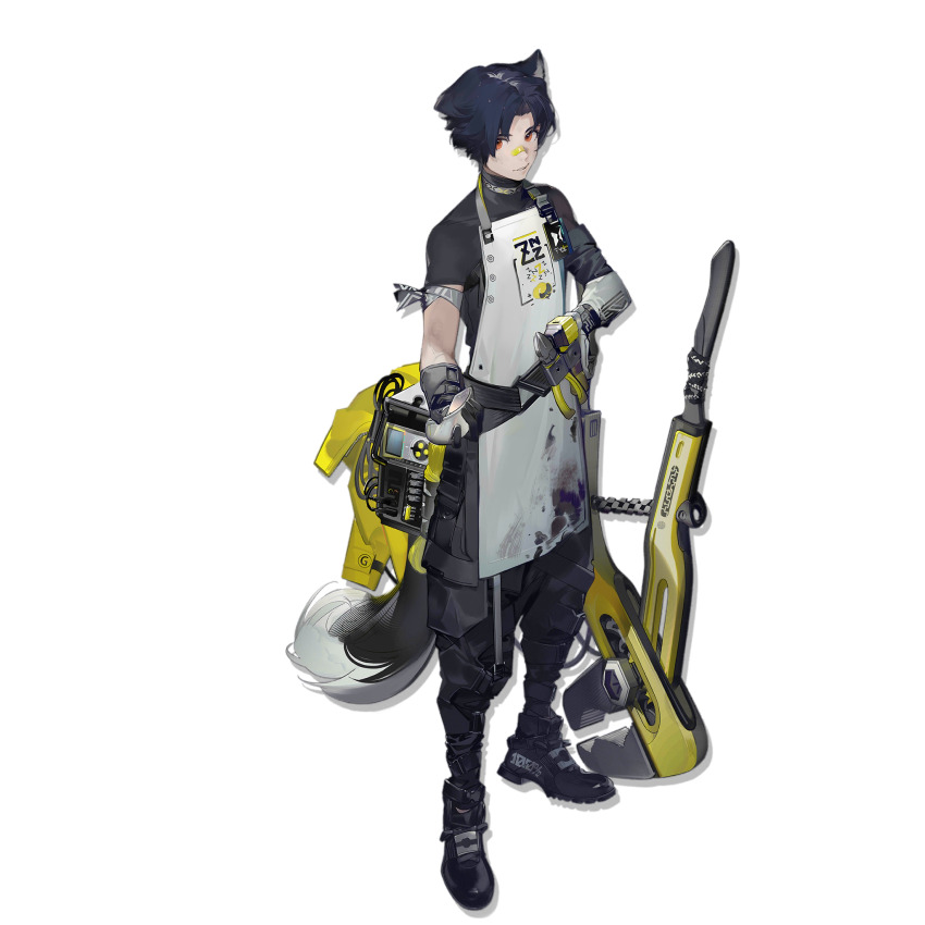 1boy animal_ears apron arknights armband bandaid bandaid_on_face bandaid_on_nose black_boots black_gloves black_hair black_pants black_shirt boots dirty dirty_clothes dog_boy dog_ears dog_tail full_body gloves goggles grey_armband hand_on_own_hip highres holding holding_goggles id_card infection_monitor_(arknights) looking_at_viewer male_focus nineo official_art orange_eyes pants shirt short_hair short_sleeves simple_background solo tail third-party_source tool_belt transparent_background white_apron windflit_(arknights) wire_cutters