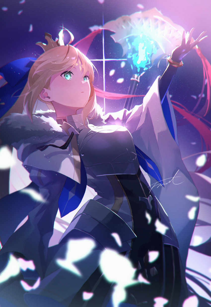 1girl armor armored_dress artoria_caster_(fate) artoria_caster_(third_ascension)_(fate) artoria_pendragon_(fate) blonde_hair blue_cape blue_ribbon bracelet breastplate cape capelet chest_armor crown dress fate/grand_order fate_(series) fingerless_gloves fomnant gloves green_eyes hair_ornament hair_ribbon highres holding holding_staff jewelry long_hair long_sleeves looking_away marmyadose_(fate) multicolored_cape multicolored_capelet multicolored_dress ribbon staff wide_sleeves