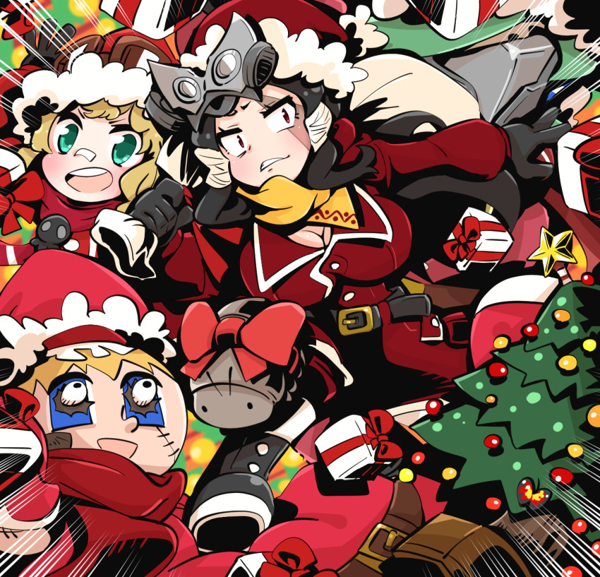 3girls alice_margatroid alternate_costume bandaid bandaid_on_face bandaid_on_nose belt big_roach_(cookie) black_belt black_gloves black_hair blonde_hair bow breasts brown_belt bug bulging_eyes christmas christmas_tree cleavage coat cockroach commentary_request cookie_(touhou) emphasis_lines eye_pop feet_out_of_frame gift gloves goggles goggles_on_headwear gram_9 green_eyes hakurei_reimu hat highres insect kirisame_marisa large_breasts lemi_(cookie) long_hair looking_at_viewer manatsu_no_yo_no_inmu mask multiple_girls open_mouth red_bow red_coat red_eyes round_teeth santa_costume santa_hat scar scar_on_face scarf smile star_(symbol) teeth touhou yellow_scarf yuki_haruka zakuro_ishi