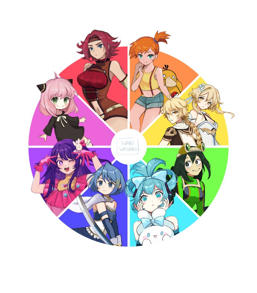 1boy 6+girls absurdres aether_(genshin_impact) anya_(spy_x_family) aqua_eyes aqua_hair artist_name asui_tsuyu belt black_dress black_eyes black_hair blonde_hair blue_bow blue_eyes blue_hair blue_shorts blush bodysuit boku_no_hero_academia bow braid braided_ponytail breasts bright_pupils cape child cinnamiku cinnamoroll cleavage clothing_cutout code_geass color_wheel_challenge creatures_(company) dress fortissimo fuwa_fuwa_cinnamoroll game_freak gen_1_pokemon gloves green_bodysuit green_eyes hair_bow hair_ornament hairpods hatsune_miku heart highres holding holding_sword holding_weapon hoshino_ai kouzuki_kallen large_breasts long_hair long_sleeves looking_at_viewer lumine_(genshin_impact) mahou_shoujo_madoka_magica mahou_shoujo_madoka_magica_(anime) matching_hair/eyes medium_breasts medium_hair midriff miki_sayaka miki_sayaka_(magical_girl) misty_(pokemon) multiple_drawing_challenge multiple_girls navel navel_cutout nintendo one_eye_closed open_mouth orange_hair oshi_no_ko pink_gloves pink_hair poke_ball poke_ball_(basic) pokemon pokemon_(anime) pokemon_(classic_anime) pokemon_(creature) ponytail psyduck purple_eyes purple_hair rabbit_hair_ornament rainbow_order red_hair sanrio short_hair short_hair_with_long_locks short_ponytail shorts side_ponytail sleeveless small_breasts smile spy_x_family star-shaped_pupils star_(symbol) sword symbol-shaped_pupils tank_top updo vocaloid wabiwasabi weapon white_cape white_pupils yellow_eyes yellow_tank_top