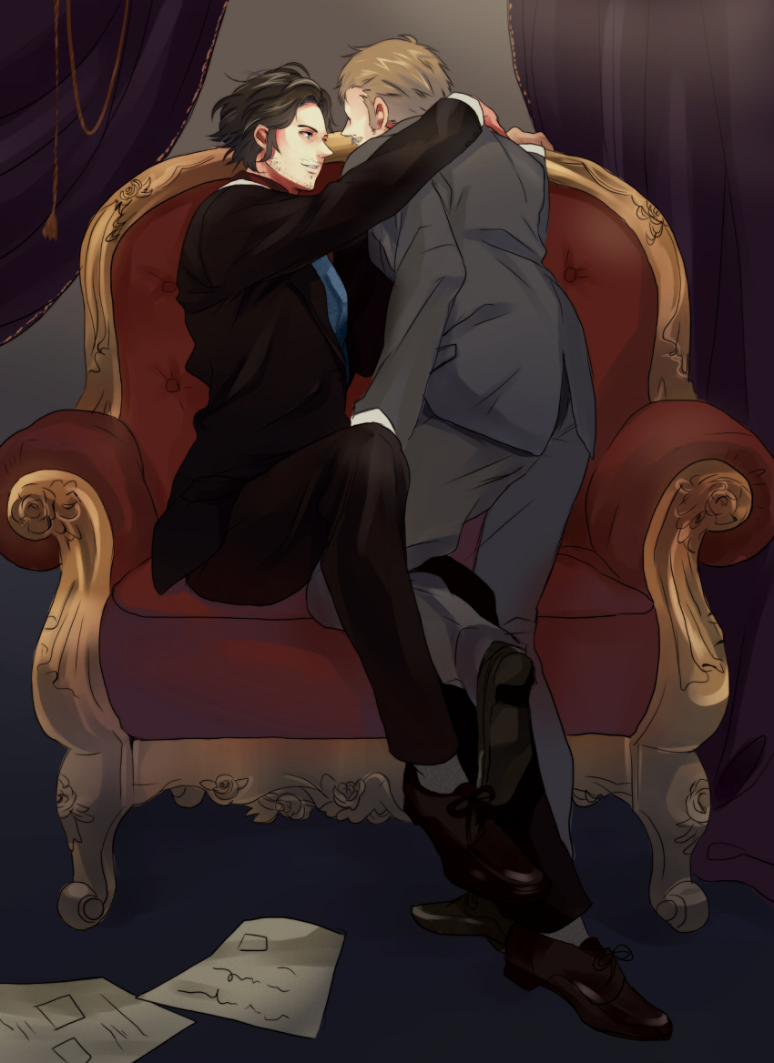 2boys armchair arms_around_neck beard_stubble black_facial_hair black_footwear black_hair black_jacket black_pants black_suit brown_hair chair commentary_request curtains facial_hair formal_clothes full_body gold_trim grey_background grey_jacket grey_pants grey_suit hair_slicked_back highres imminent_kiss indoors jacket john_hamish_watson kneeling looking_at_another male_focus minatoya_mozuku multiple_boys mustache mustache_stubble pants paper parted_lips sherlock_(bbc) sherlock_holmes sherlock_holmes_(sherlock) sitting smile stubble suit yaoi