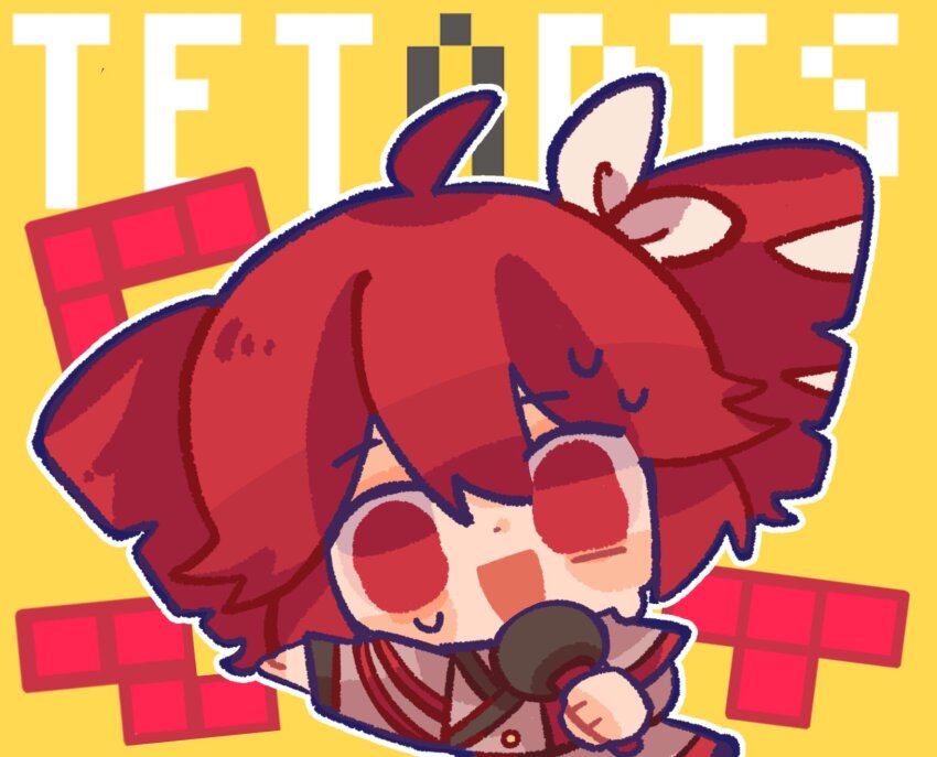 1girl ahoge belt black_belt blush bow buttons chibi chibi_only double-parted_bangs drill_hair grey_jacket hair_between_eyes hair_bow hair_ribbon highres holding holding_microphone jacket kasane_teto kasane_teto_(sv) microphone moochaakaka open_mouth red_eyes red_hair ribbon shoulder_belt solid_oval_eyes solo synthesizer_v tetoris_(synthesizer_v) tetris twin_drills utau white_bow white_ribbon yellow_background