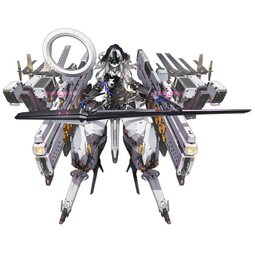 1girl artist_request black_dress black_gauntlets black_mask black_veil blue_gloves blue_ribbon dress energy_gun facing_viewer floating floating_object floating_weapon full_body gauntlets girls&#039;_frontline gloves highres holding holding_polearm holding_weapon long_hair mask mecha_musume mechanical_legs missile_pod nyto_(girls&#039;_frontline) official_art paradeus polearm ribbon sana_(boss)_(girls&#039;_frontline) sana_(girls&#039;_frontline) science_fiction shoulder_ribbon simple_background solo spoilers straight-on third-party_source transparent_background triangular_pattern usekh_collar veil weapon weapon_request white_hair