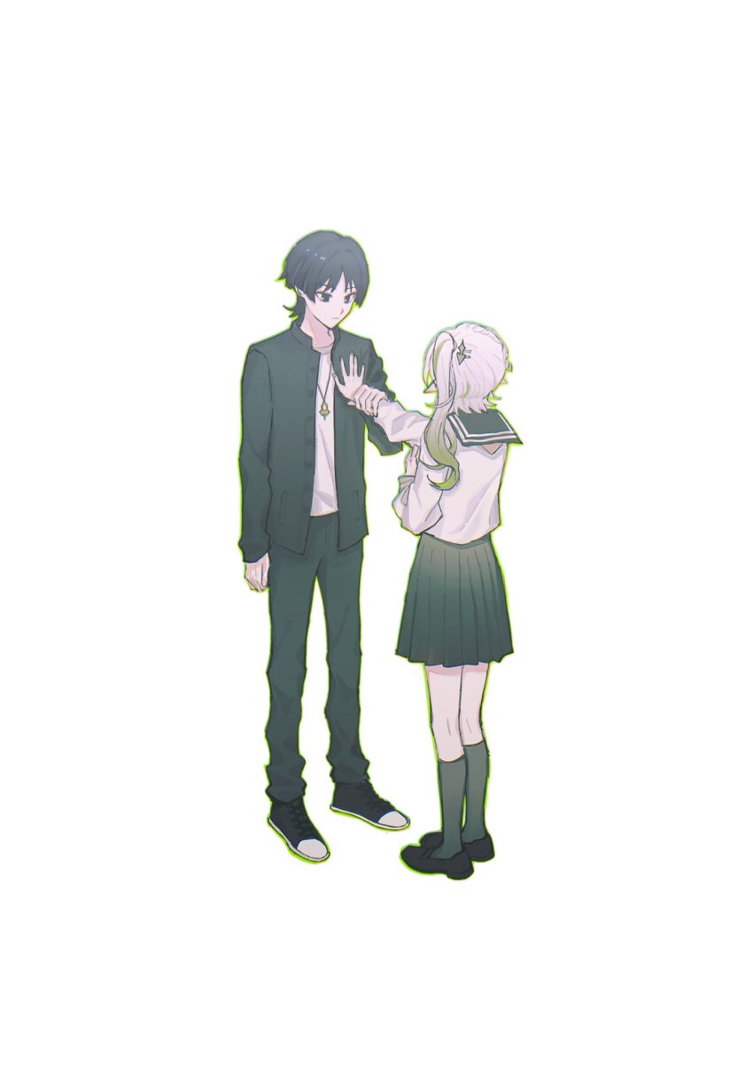 1boy 1girl alternate_costume alternate_universe black_eyes black_footwear black_hair black_jacket black_pants black_sailor_collar black_sleeves blunt_ends closed_mouth contemporary cross-laced_footwear dejavubearr full_body gakuran genshin_impact gold_pendant gradient_hair green_hair green_skirt green_socks hair_intakes hair_ornament hand_on_another&#039;s_chest hands_up heart heart_hair_ornament highres holding_another&#039;s_wrist jacket long_hair long_sleeves looking_at_another multicolored_hair nahida_(genshin_impact) open_clothes open_jacket pants pleated_skirt sailor_collar scaramouche_(genshin_impact) school_uniform serafuku shirt shoes side_ponytail sidelocks skirt socks standing white_background white_hair white_serafuku white_shirt white_sleeves