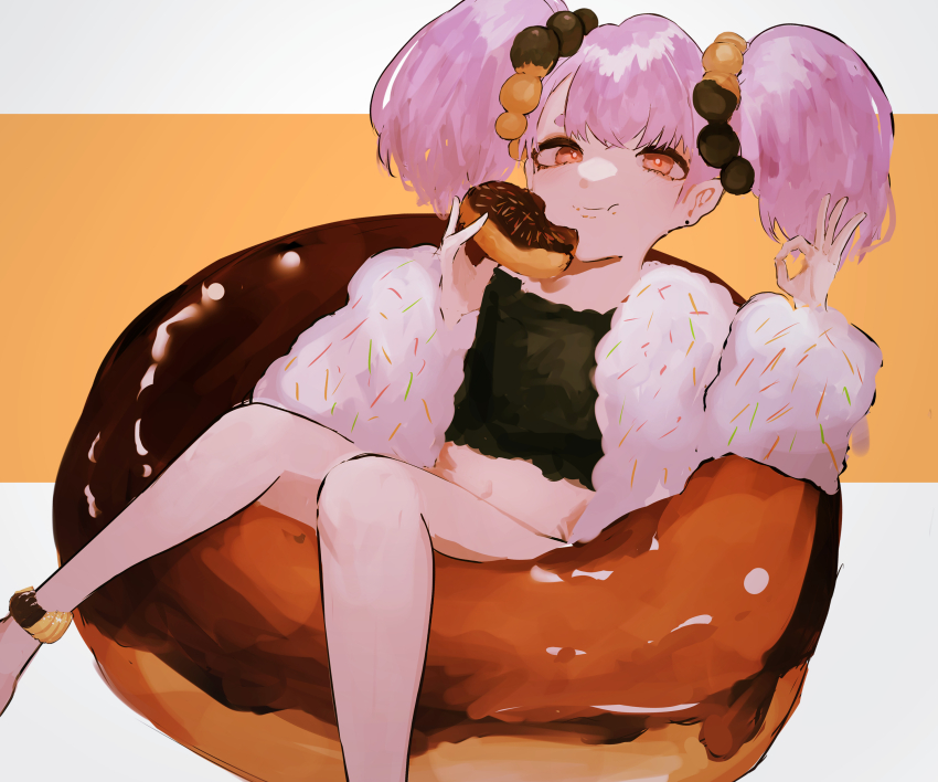 1girl absurdres ankle_garter arm_up black_shirt bright_pupils chewing clothing_request commentary_request crop_top dot_nose donut ear_piercing eating food food-themed_clothes food-themed_hair_ornament food_on_face hair_ornament highres holding holding_donut holding_food legs navel ok_sign orange_background orange_hair original piercing pikuson pink_hair pon_de_ring shirt simple_background sitting smile sprinkles twintails two-tone_background white_background white_pupils