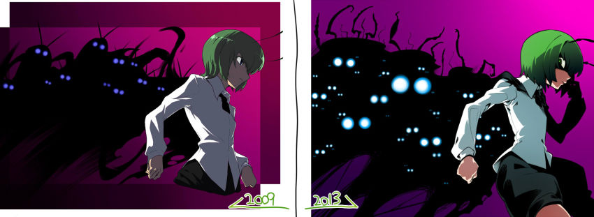 00s 10s 1girl 2009 2013 antennae artist_progress before_and_after cape comparison creature cropped_legs green_eyes green_hair highres redrawn shaded_face short_hair skin_tight solo_focus spacezin touhou wriggle_nightbug