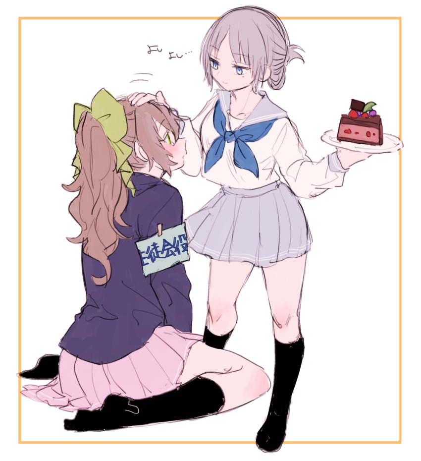 2girls amane_(7783) black_socks blue_eyes blue_jacket blue_neckerchief bow brown_hair cake commentary_request folded_ponytail food green_bow green_eyes grey_hair grey_sailor_collar grey_skirt hair_bow half_updo headpat highres holding holding_plate jacket kneehighs long_hair long_sleeves mole mole_under_eye multiple_girls neckerchief original pink_skirt plate pleated_skirt sailor_collar school_uniform serafuku shirt short_hair sitting skirt socks standing translation_request white_shirt