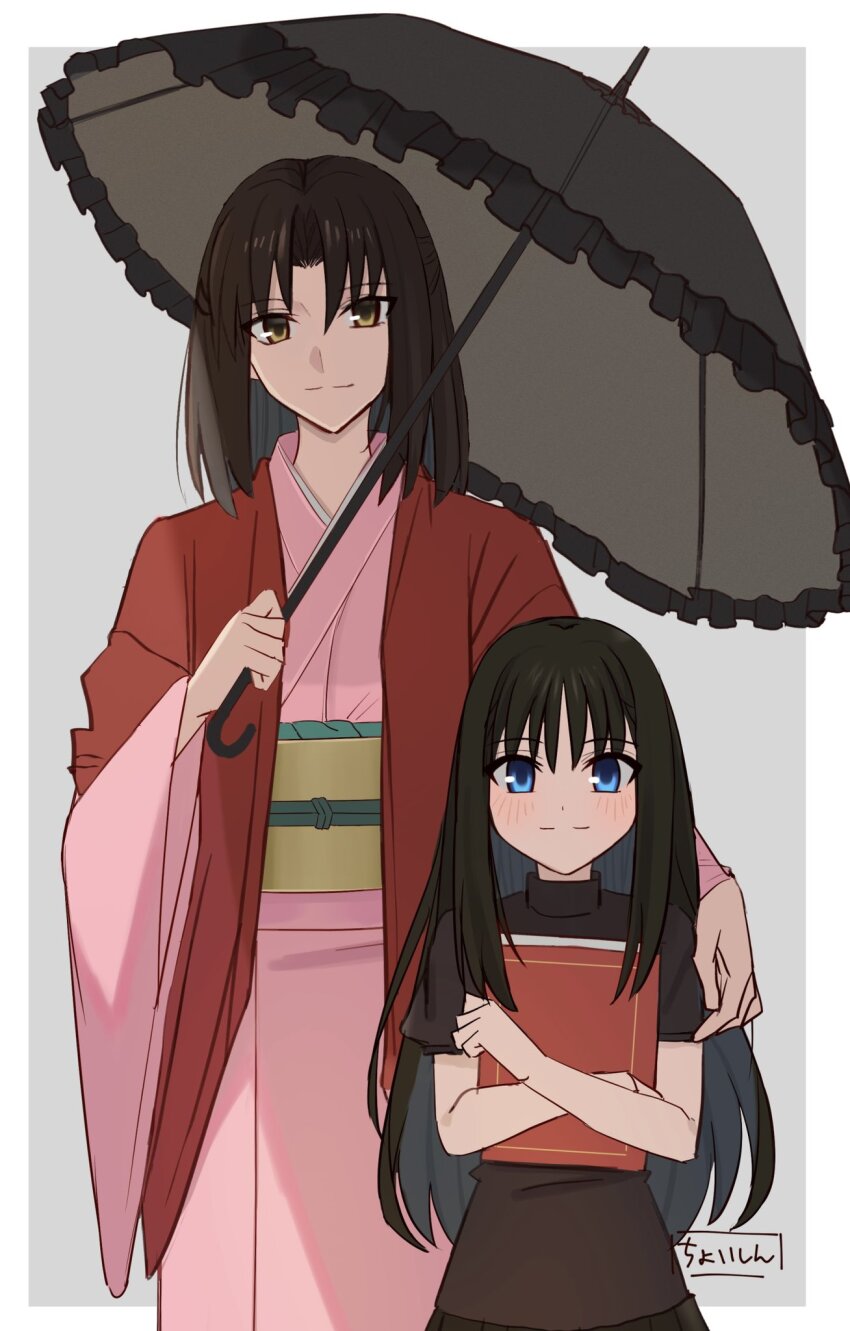 2girls black_hair blue_eyes highres japanese_clothes kara_no_kyoukai kimono long_hair mother_and_daughter multiple_girls ryougi_mana ryougi_shiki