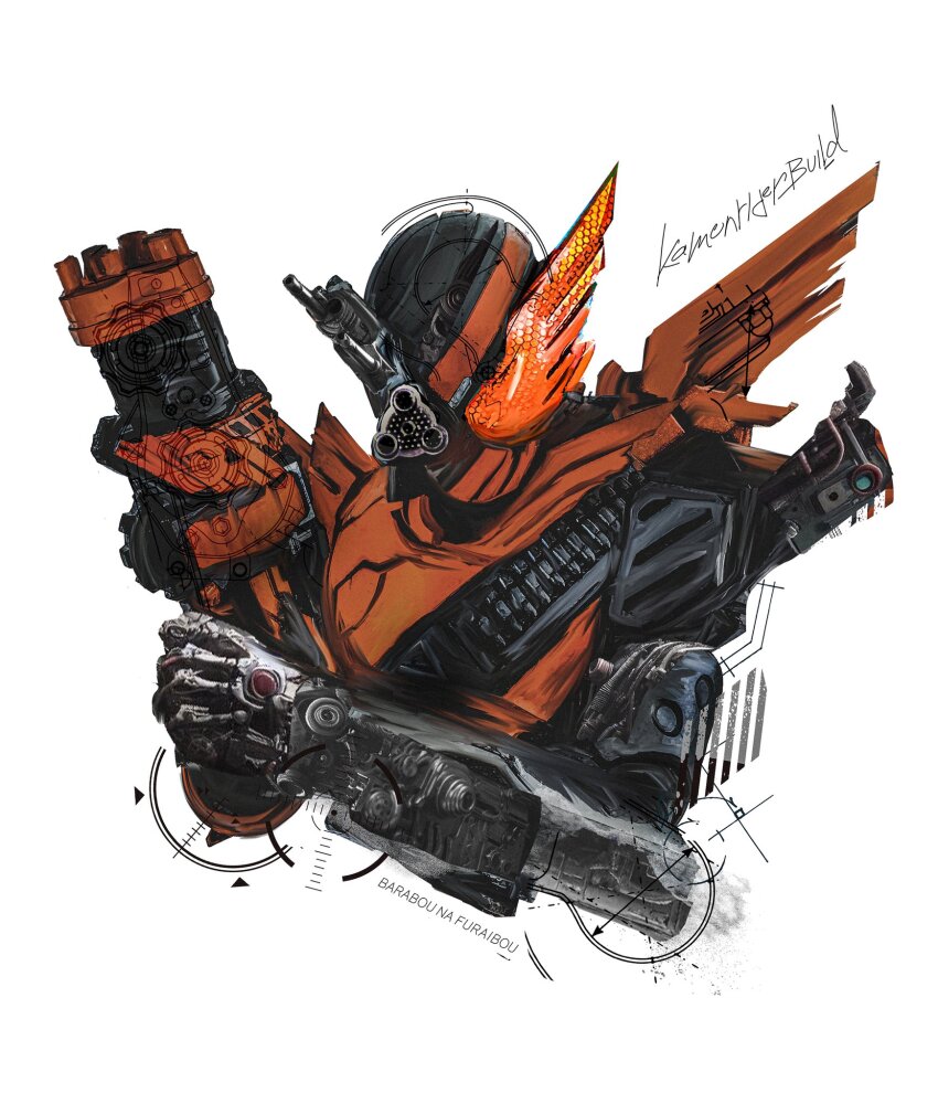 1boy armor asymmetrical_armor bandolier belt character_name diagram gatling_gun gears hawk+gatling_form_(best_match) highres kamen_rider kamen_rider_build kamen_rider_build_(series) obakelope0530 solo upper_body white_background wings