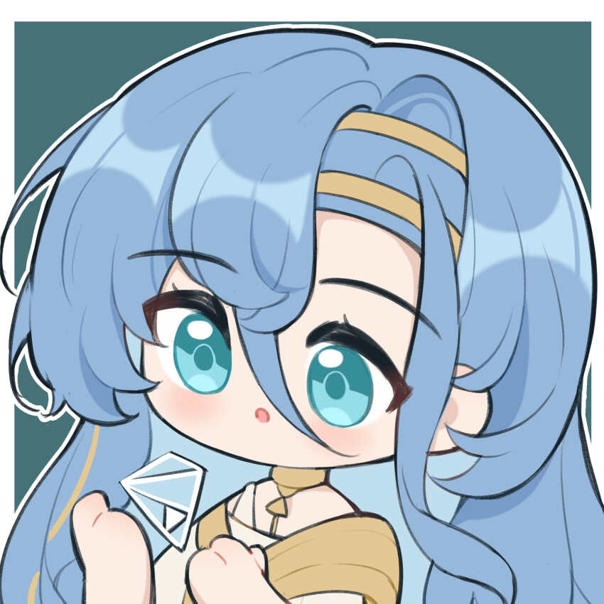 1girl 37_(reverse:1999) :o ai_chi_guobaoyou ancient_greek_clothes blue_eyes blue_hair border chibi greco-roman_clothes green_background hair_between_eyes hands_up highres long_hair looking_at_object outside_border reverse:1999 solo tetrahedron toga upper_body very_long_hair white_border