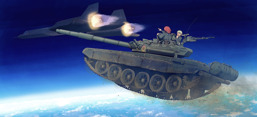 2girls afterburner aircraft airplane braid caterpillar_tracks covering_own_mouth dust_cloud earasensha earth_(planet) flying green_hair gun hand_over_own_mouth holster log long_hair looking_at_another machine_gun military military_uniform military_vehicle motor_vehicle multiple_girls original planet pointing radio_antenna reconnaissance_aircraft red_hair short_hair sky smile sr-71 sr-71_blackbird stealth stealth_aircraft t-72 tank vehicle_focus weapon