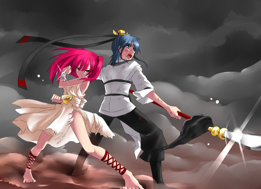 1boy 1girl ankle_lace-up barefoot blue_hair bracelet chinese_clothes dress fighting_stance guan_dao hair_ornament hanfu highres jewelry kaikai magi_the_labyrinth_of_magic morgiana polearm red_eyes red_hair ren_hakuryuu scar scratches spear torn_clothes weapon