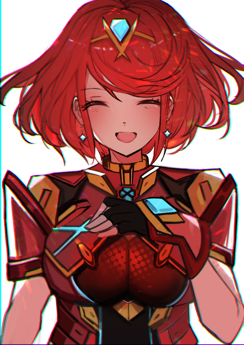 1girl absurdres blush breasts chest_jewel closed_eyes core_crystal_(xenoblade) highres large_breasts pyra_(xenoblade) red_hair short_hair simple_background smile solo tarbo_(exxxpiation) tiara upper_body white_background xenoblade_chronicles_(series) xenoblade_chronicles_2
