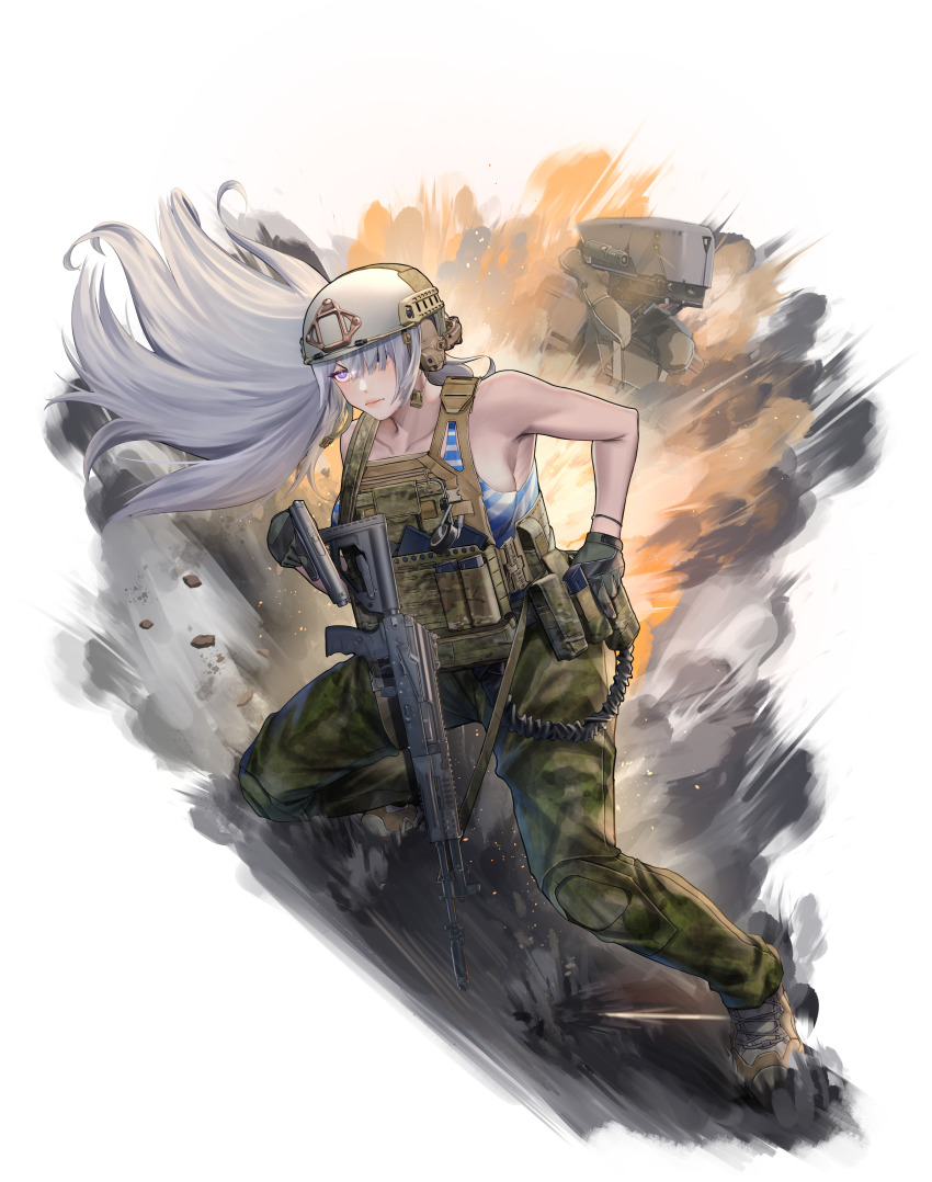 1girl absurdres ak-15_(girls&#039;_frontline) android assault_rifle boots brown_boots bulletproof_vest camouflage camouflage_pants combat_helmet explosion fast_helmet girls&#039;_frontline grey_boots gun handgun helmet highres hongsir kalashnikov_rifle lace-up_boots load_bearing_vest military military_combat_uniform military_uniform multicolored_boots multicolored_pants pants pistol rail_(weapon) rifle shirt striped_clothes striped_shirt tactical_clothes telnyashka trigger_discipline two-tone_boots weapon white_hair white_helmet