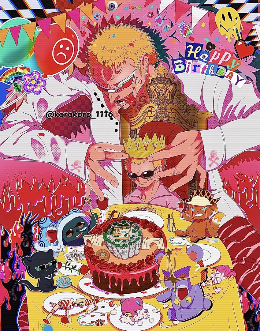 1boy ? absurdres balloon blonde_hair cake character_doll coat crown cup diamante_(one_piece) donquixote_doflamingo drinking_glass dual_persona earrings food happy_birthday highres jewelry korokoro_1116 male_focus minimized noose one_piece open_mouth pica_(one_piece) pink_coat pink_shirt plate sad shirt short_hair sunglasses sword table teeth throne toasting_(gesture) tongue tongue_out toy trebol_(one_piece) twitter_username vergo_(one_piece) weapon white_shirt wine_glass