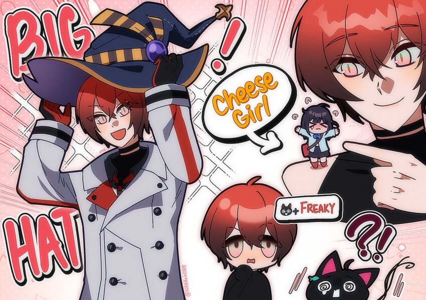 !? &gt;_&lt; 1boy 1girl @_@ alternate_costume artist_self-insert bag black_gloves black_hair black_shirt blue_ribbon blue_shirt blush chibi coat commentary english_commentary full_body gloves hair_between_eyes hat holostars holostars_english long_sleeves looking_at_viewer machina_x_flayon machiroon_(machina_x_flayon) nikatheworm open_mouth red_eyes red_gloves red_hair ribbon school_uniform shirt short_hair sleeveless smile speech_bubble white_coat witch_hat