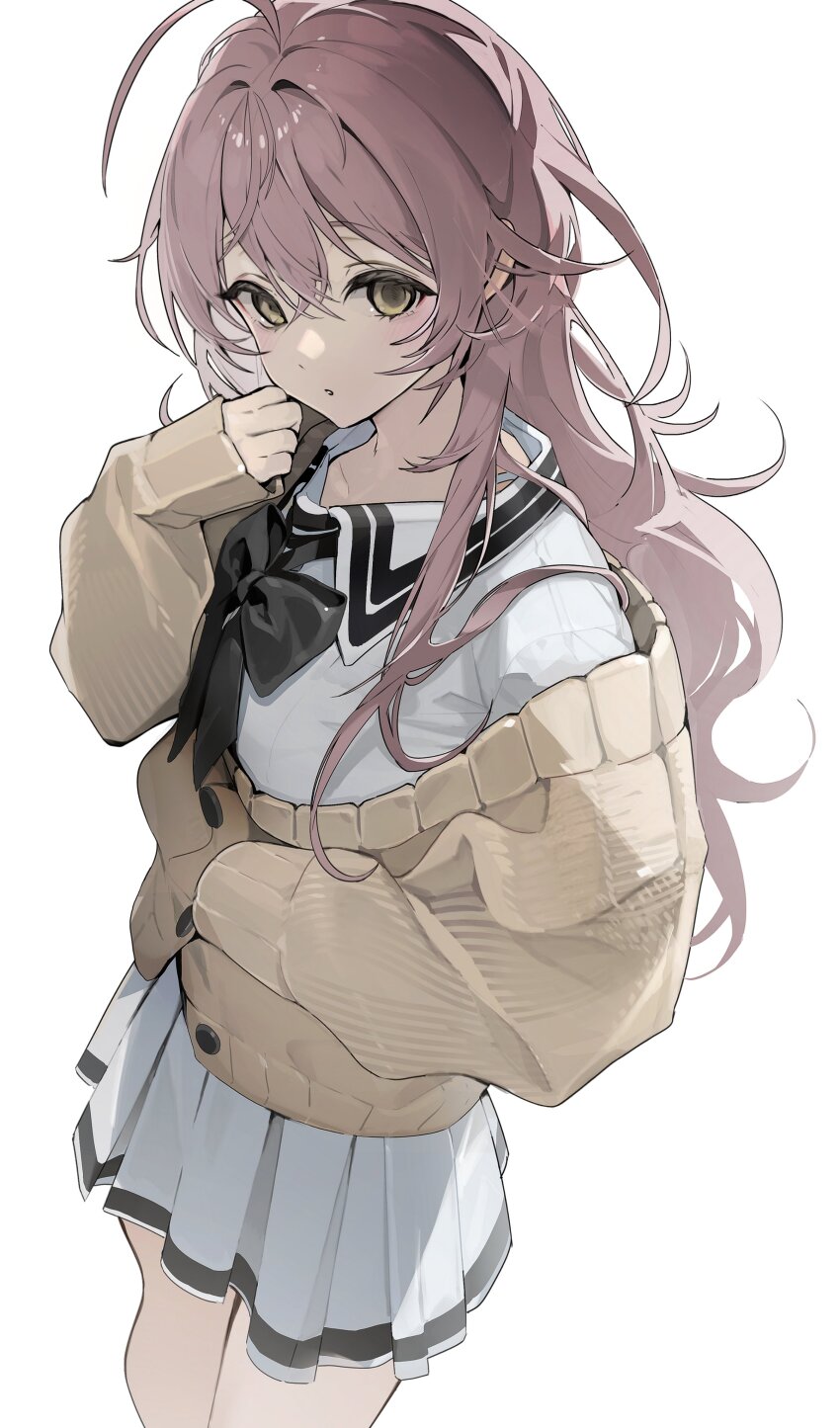 1girl absurdres antenna_hair black_bow black_bowtie bow bowtie buttons cardigan closed_mouth cowboy_shot cowlick crossed_bangs hair_between_eyes hair_over_shoulder hand_on_own_face hand_up highres kimi_to_kanojo_to_kanojo_no_koi. long_hair long_sleeves looking_at_viewer messy_hair mukou_aoi_(totono) nitroplus off_shoulder pink_hair pleated_skirt qure_(qxfixh) sailor_collar school_uniform serafuku shirt simple_background skirt solo white_background white_sailor_collar white_serafuku white_shirt white_skirt yellow_cardigan yellow_eyes
