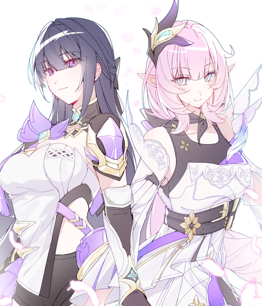 2girls black_shorts blue_hair breasts chinese_commentary clothing_cutout commentary_request corset cosplay costume_switch dress elf elysia_(honkai_impact) elysia_(honkai_impact)_(cosplay) elysia_(miss_pink_elf)_(honkai_impact) hair_ornament highres honkai_(series) honkai_impact_3rd large_breasts long_hair luosiqizi_laango multiple_girls pink_hair pointy_ears purple_eyes purple_hair raiden_mei raiden_mei_(apho) raiden_mei_(cosplay) shorts side_cutout simple_background smile very_long_hair white_background white_corset white_dress