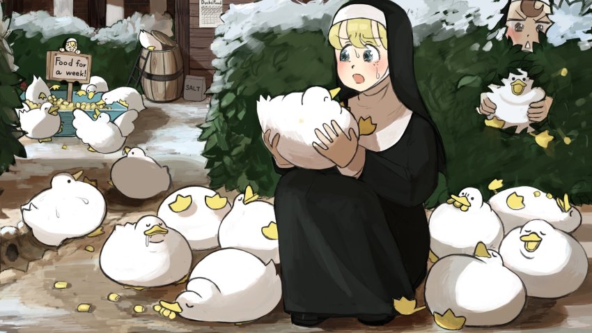 2girls ^_^ animal animal_on_hand bag barrel bird blonde_hair blue_eyes brown_eyes brown_hair chicken chicken_coop closed_eyes clumsy_nun_(diva) commentary diva_(hyxpk) drooling duck eating english_commentary fat feeding food food_in_mouth froggy_nun_(diva) grabbing_from_behind habit hedge highres hole ladder little_nuns_(diva) looking_to_the_side multiple_girls nun paper_bag pillar schedule sign skid_mark sleeping slice_of_life snow sparkling_eyes spread_wings squatting surprised sweat traditional_nun triangle_mouth trough wooden_wall