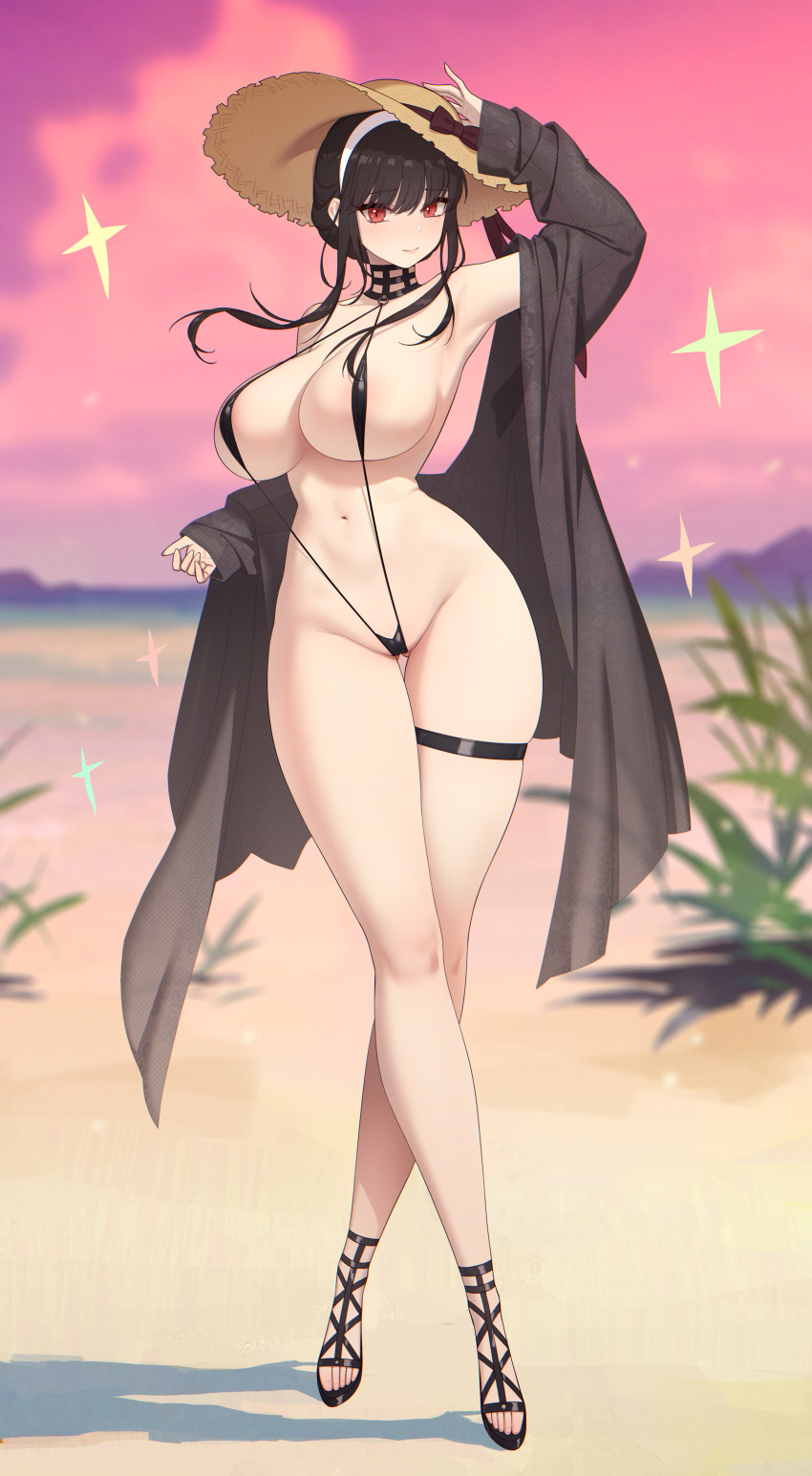 1girl absurdres areola_slip armpits bare_shoulders beach black_choker black_hair blush breasts choker closed_mouth full_body gluteal_fold hair_between_eyes hat high_heel_sandals high_heels highres huge_breasts jacket jewelry long_hair looking_at_viewer navel ocean open_clothes outdoors red_eyes rekaerb_maerd sandals sky slingshot_swimsuit smile solo spy_x_family standing stomach straw_hat sun_hat swimsuit thigh_strap thighs very_long_hair yor_briar