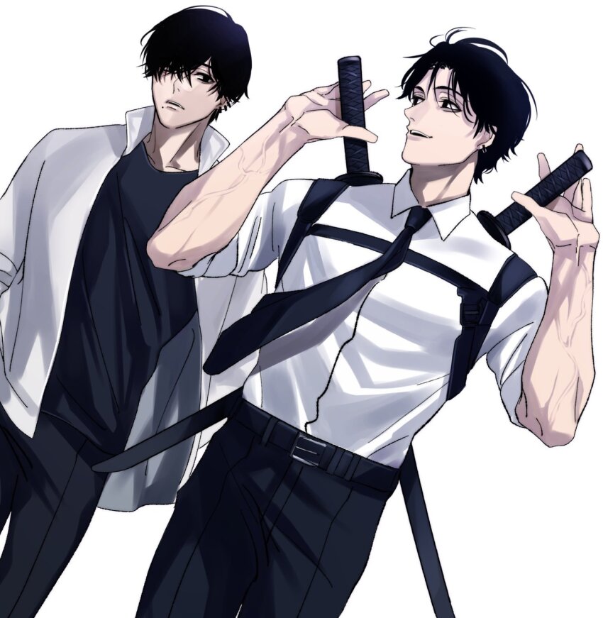 2boys black_hair black_necktie black_pants black_shirt chainsaw_man chest_belt collared_shirt dual_wielding ear_piercing hair_over_one_eye highres holding jacket kishibe_(chainsaw_man) kishibe_(young)_(chainsaw_man) looking_at_another mole mole_under_mouth multiple_boys multiple_piercings necktie open_mouth pants piercing shirt shirt_tucked_in short_hair simple_background siraco_(sira5_3) sleeves_rolled_up smile veins veiny_arms white_background white_jacket white_shirt yoshida_hirofumi