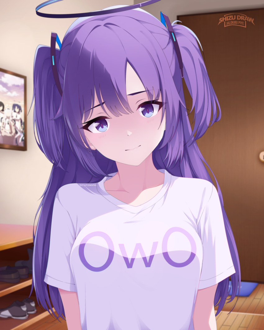 1girl absurdres alternate_costume black_shoes blue_archive blurry cameo casual commentary_request depth_of_field door doorknob entrance hair_between_eyes hair_ornament halo head_tilt highres himari_(blue_archive) indoors long_hair looking_at_viewer mixed-language_commentary official_alternate_costume parted_bangs photo_(object) picture_frame powered_wheelchair purple_eyes purple_hair rin_(blue_archive) shirt shizudraw shoe_rack shoes short_sleeves sidelocks solo t-shirt triangle_hair_ornament two_side_up upper_body utnapishtim_operator_uniform_(blue_archive) wheelchair white_shirt wooden_floor yuuka_(blue_archive)