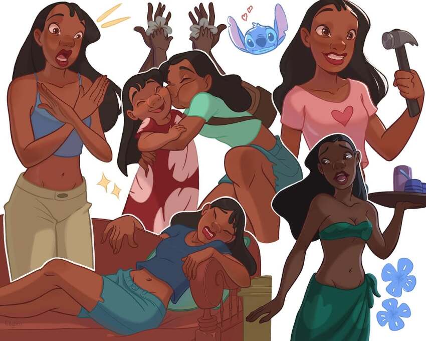 2girls aqua_sarong blue_shorts blue_tank_top brown_hair closed_eyes dark-skinned_female dark_skin dress gonzais grey_pants hammer heart heart_print holding holding_hammer leaf_print lilo_&amp;_stitch lilo_pelekai long_hair midriff multiple_girls multiple_views nani_pelekai open_mouth pants pink_shirt print_dress print_shirt red_dress sarong shirt short_shorts shorts siblings sisters stitch_(lilo_&amp;_stitch) tank_top