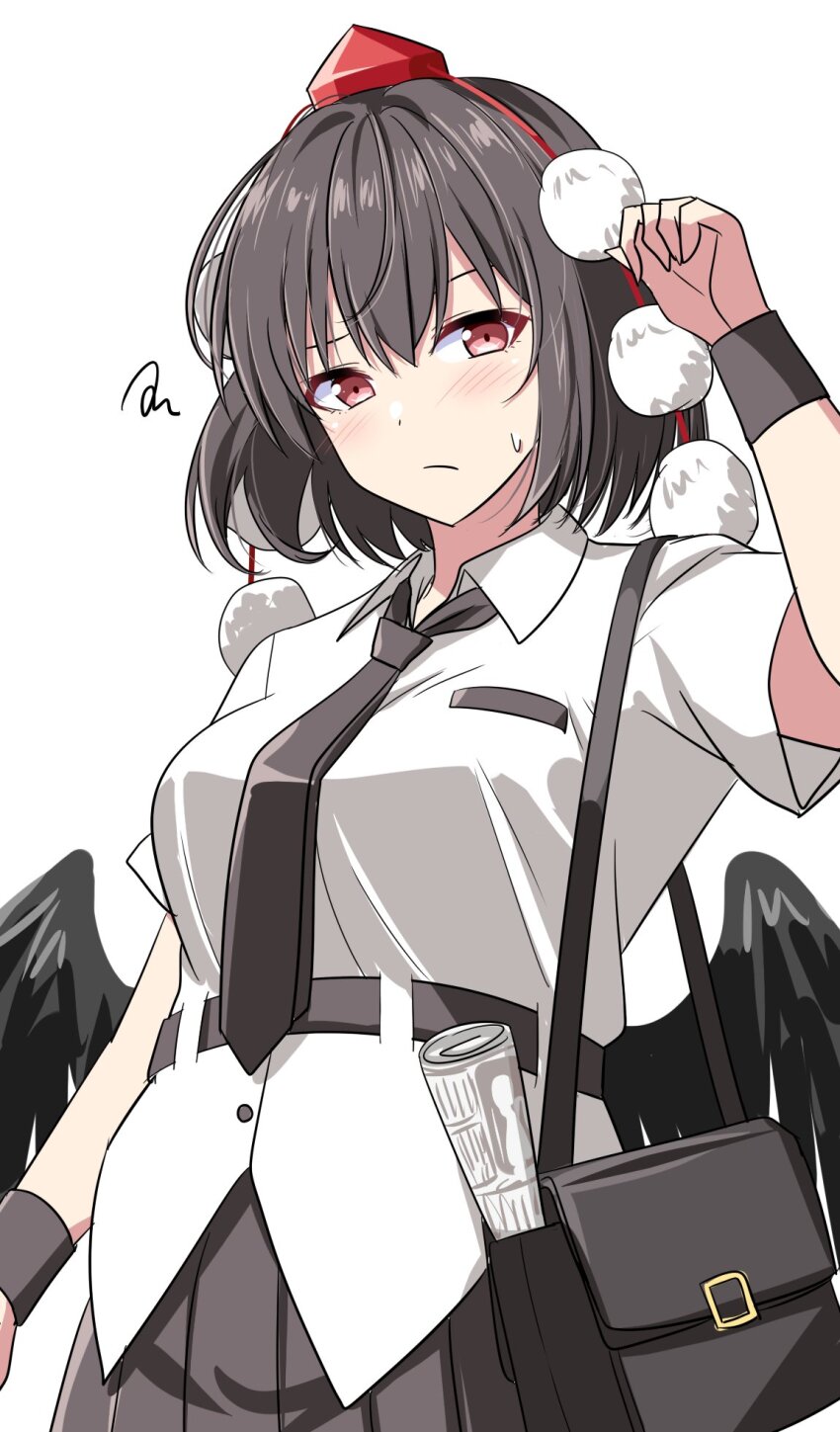 1girl bag bird_wings black_necktie black_skirt black_wings blush breasts brown_hair closed_mouth collared_shirt commentary hat highres looking_at_viewer necktie newspaper pom_pom_(clothes) red_eyes red_hat rise_(rise19851203) rolled_up_newspaper shameimaru_aya shirt short_sleeves shoulder_bag skirt solo squiggle sweatdrop tokin_hat touhou white_shirt wings
