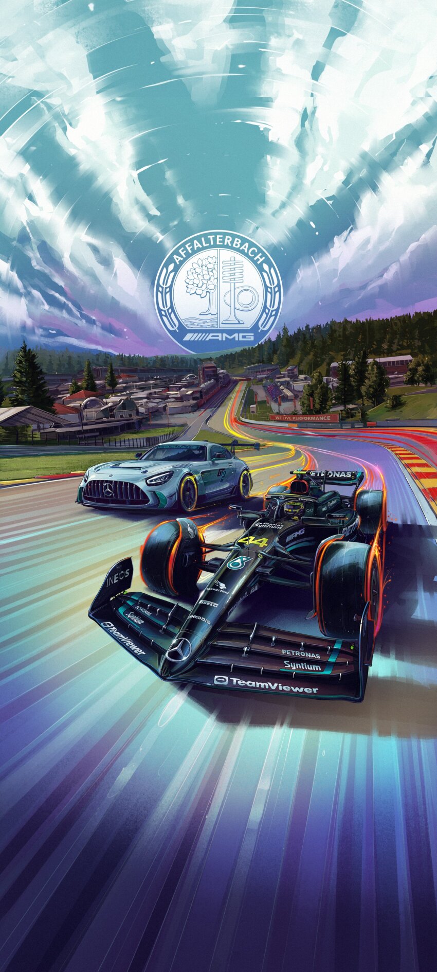 1boy absurdres andrew_mytro car circuit_de_spa-francorchamps cloud commentary english_commentary formula_one formula_racer helmet highres lewis_hamilton light_trail logo mercedes-benz mercedes-benz_amg_gt motion_blur motor_vehicle official_art promotional_art race_vehicle racecar racetrack real_life real_world_location sky spoiler_(automobile) tree vehicle_focus