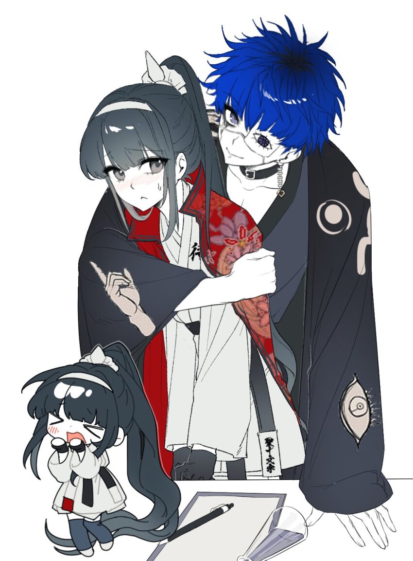 &gt;_&lt; 1boy 1girl arm_around_another arm_around_shoulder black_gloves black_hair blue_eyes blue_hair chibi eyepatch gloves grey_eyes hand_up highres japanese_clothes japanese_text long_hair magadori_kyoshika multicolored_hair omokage_yugamu one_eye_covered open_mouth pen ponytail simple_background the_hundred_line_-last_defense_academy- white_background