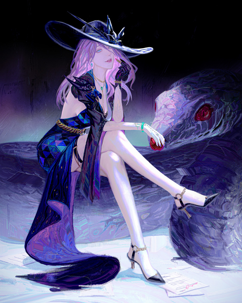 1girl animal applying_makeup black_dress black_hat blue_eyes crossed_legs dress flowersbloodart food fruit giant_snake girdle hat high_heels highres holding holding_food holding_fruit honkai:_star_rail honkai_(series) jade_(honkai:_star_rail) jewelry long_hair oversized_animal pink_hair snake solo