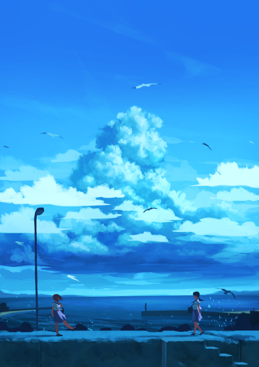 2girls bag bird blue_skirt blue_sky cloud commentary_request day dock from_side highres holding holding_bag long_hair multiple_girls natsuno_kanasemi ocean original outdoors ponytail sailor_collar scenery school_uniform serafuku short_hair short_sleeves skirt sky stairs summer walking water