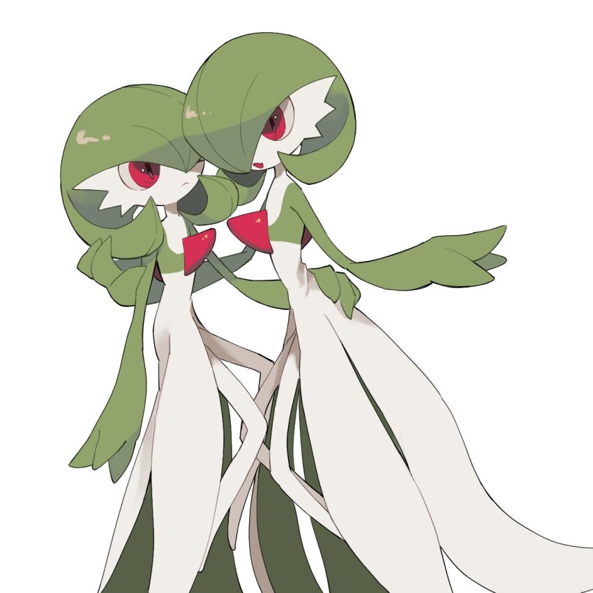 bob_cut colored_skin dress gardevoir gen_3_pokemon green_hair green_skin hair_over_one_eye highres mmmggom multicolored_skin nintendo pokemon pokemon_(creature) red_eyes simple_background two-tone_skin white_background white_dress white_skin