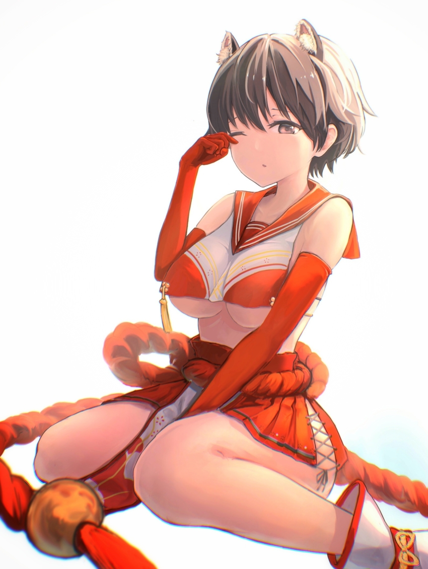 1girl animal_ear_fluff animal_ears black_hair blue_archive breasts cat_ears commentary_request elbow_gloves gloves grey_eyes hair_between_eyes highres nontraditional_miko one_eye_closed partial_commentary pleated_skirt red_gloves red_sailor_collar red_skirt sailor_collar short_hair simple_background skirt solo tassel tem_(tempainting1) tsubaki_(blue_archive) underboob white_background