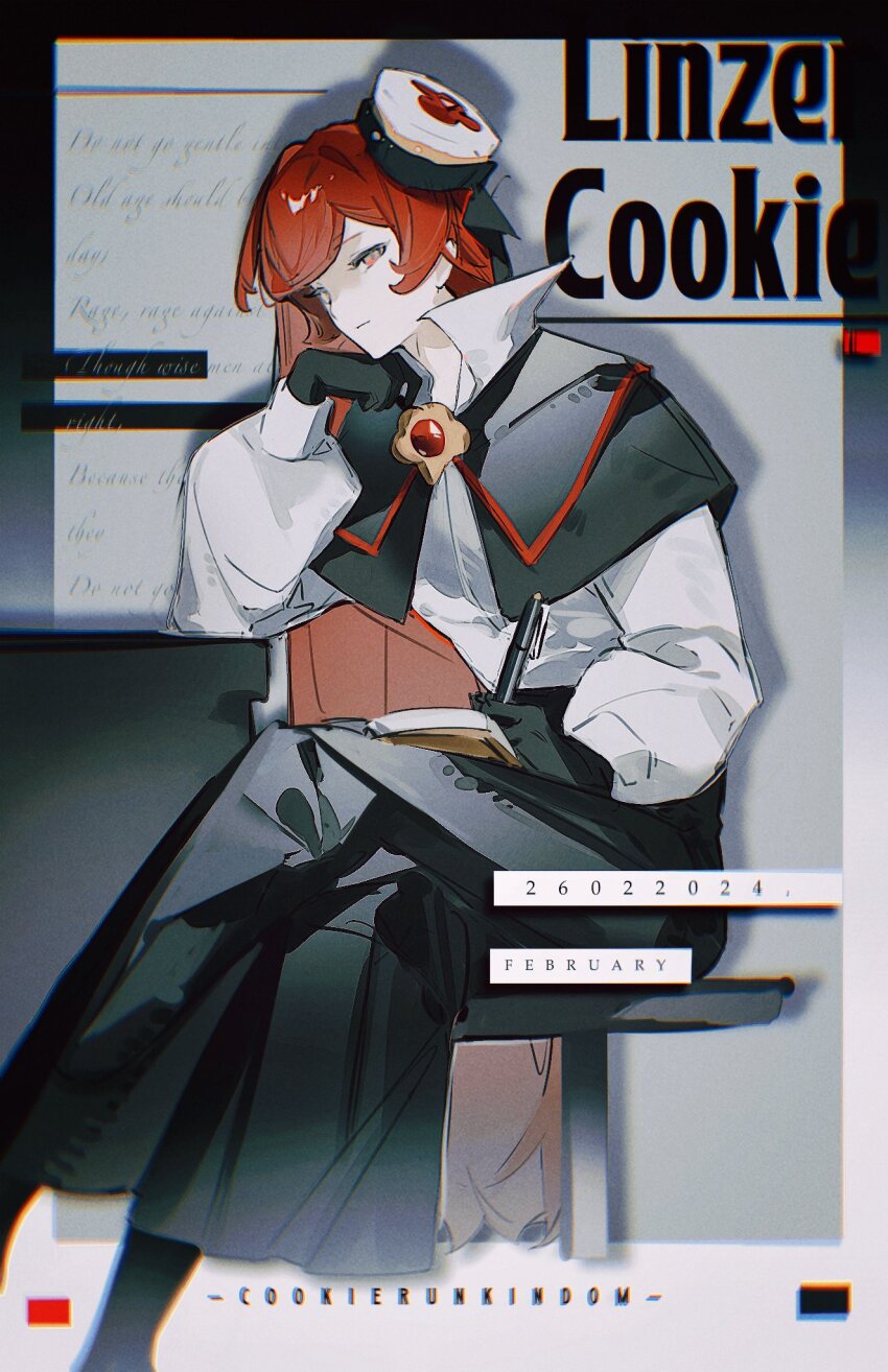 1girl black_gloves black_skirt book brooch collared_shirt cookie_run cookie_run:_kingdom crossed_legs gloves hat head_rest highres holding holding_pen jewelry linzer_cookie long_hair long_skirt long_sleeves looking_at_viewer open_book pen pillbox_hat puffy_sleeves red_hair senlly_2507 shirt sitting skirt solo white_shirt writing