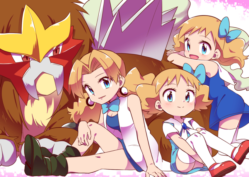 1girl blue_bow blue_bowtie blue_dress blue_eyes blush bow bowtie breasts brown_hair chida_daisuke cleavage closed_mouth dress entei eyelashes game_freak gen_2_pokemon green_footwear hair_bow kneeling legendary_pokemon medium_breasts molly_hale nintendo open_mouth pokemon pokemon_(anime) pokemon_(classic_anime) pokemon_3:_the_movie_-_spell_of_the_unown:_entei red_footwear ribbon sitting smile thighhighs time_paradox white_ribbon white_thighhighs