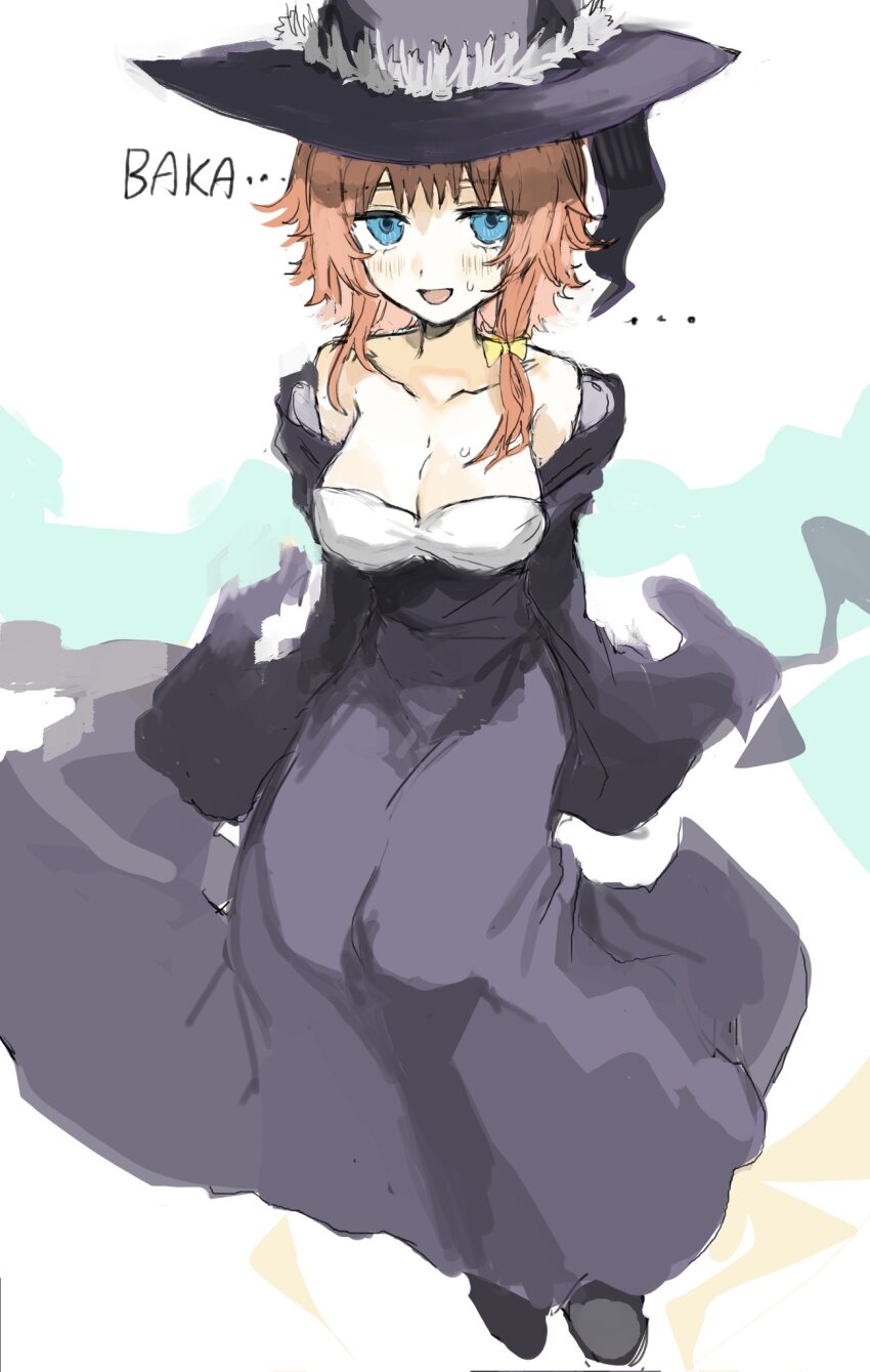 ... 1984_(cw1000110) 1girl black_footwear black_souls blue_eyes blush bow breasts cleavage dorothy_(black_souls) dress full_body hair_bow hat highres large_breasts looking_at_viewer medium_hair open_mouth orange_hair purple_dress purple_hat simple_background sitting smile solo sweat white_background witch_hat yellow_bow
