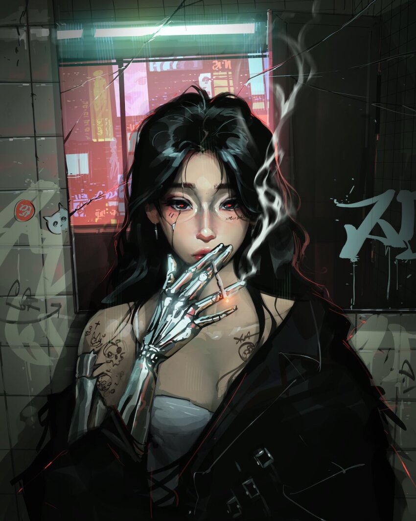 1girl black_hair black_jacket breasts camisole chest_tattoo cigarette cleavage collarbone commentary english_commentary facial_tattoo graffiti highres holding holding_cigarette jacket long_hair looking_at_viewer mechanical_arms mirror open_clothes open_jacket original prosthesis prosthetic_arm red_lips red_pupils sam_yang shoulder_tattoo single_off_shoulder sleeveless small_breasts smoke smoking solo tattoo tile_wall tiles white_camisole