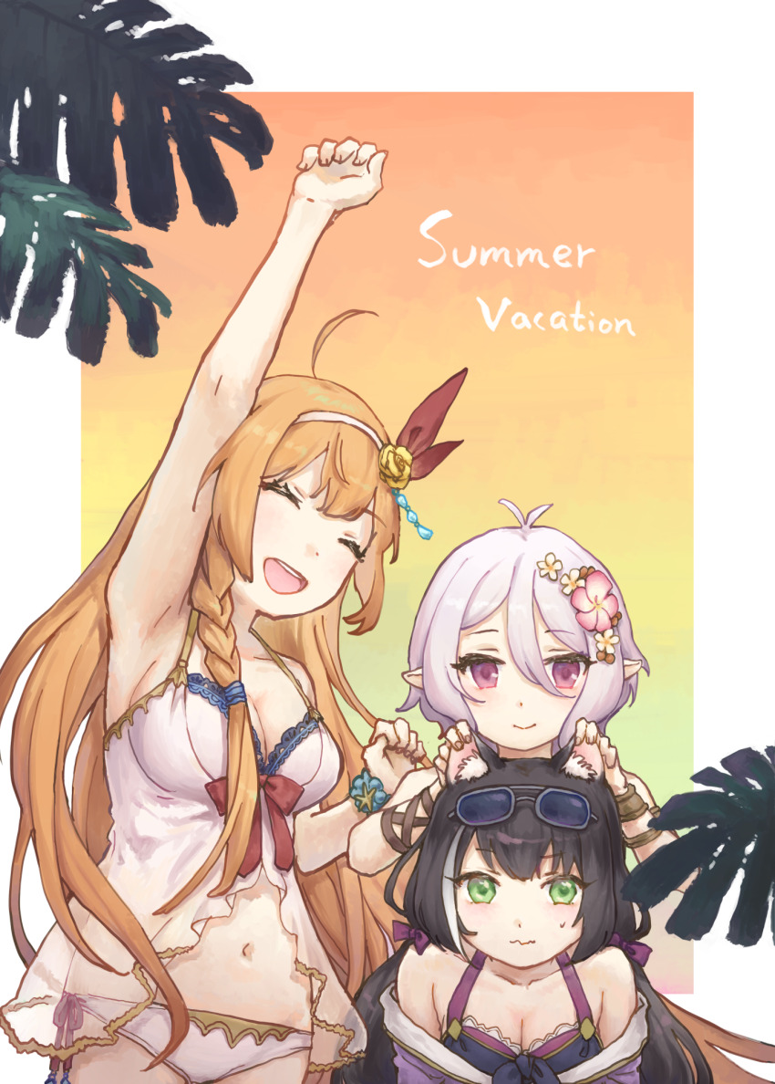 3girls ahoge animal_ears arm_up armpits bikini black_hair border breasts cat_ears cleavage closed_mouth commentary cowboy_shot daisy_(flower) english_commentary english_text eyewear_on_head flower gradient_background green_eyes hair_between_eyes hair_flower hair_ornament hairband hand_on_another&#039;s_ear highres karyl_(princess_connect!) kokkoro_(princess_connect!) large_breasts long_hair looking_at_viewer miya8111 multicolored_background multicolored_hair multiple_girls navel orange_background orange_hair palm_leaf pecorine_(princess_connect!) pink_hairband pointy_ears princess_connect! purple_hair red_flower rose short_hair sidelocks small_breasts smile straight-on streaked_hair summer swimsuit wavy_mouth white_border white_hair yellow_background yellow_flower yellow_rose