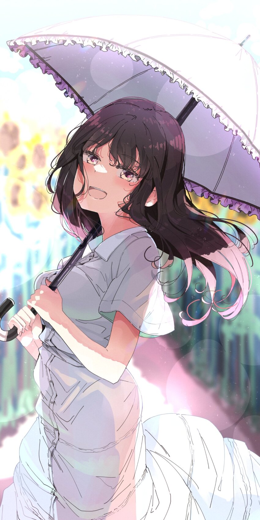 1girl :d black_hair blush buttons character_request collared_dress copyright_request dress floating_hair highres holding holding_umbrella lens_flare long_hair nyoijizai open_mouth parasol smile solo sundress umbrella white_dress