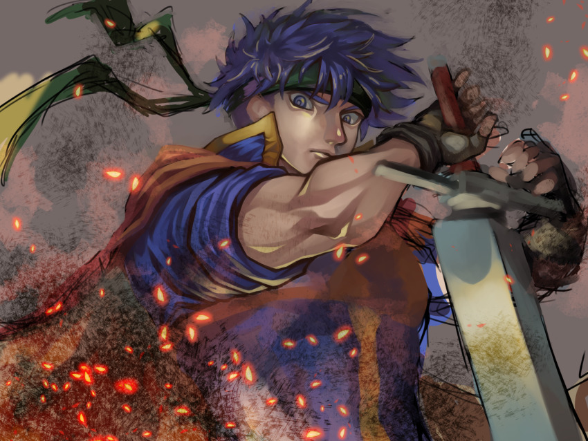 1boy blue_eyes blue_hair cape embers fire_emblem fire_emblem:_path_of_radiance gloves headband high_collar highres holding holding_sword holding_weapon ike_(fire_emblem) nintendo short_hair solo sword tamaro_pompom weapon