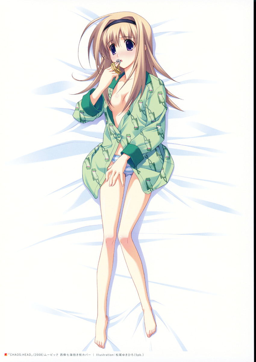 1girl 2000s_(style) 2008 :o absurdres animal_print barefoot bed bed_sheet black_hairband blonde_hair blue_panties blush breasts buttons chaos;head collarbone convenient_censoring dated ears_visible_through_hair feet frog gero-froggy green_pajamas green_shirt hair_between_eyes hair_censor hairband highres holding holding_bracelet knees long_hair looking_at_object matsuo_yukihiro nishijou_nanami no_bra non-web_source on_bed pajamas panties partially_unbuttoned print_shirt purple_eyes shirt small_breasts solo striped_clothes striped_panties thighs toenails toes underwear