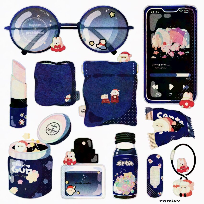 artist_name bandaid blue_theme bottle cellphone cellphone_charm charm_(object) christmas commentary cosmetics creature food_wrapper hat highres lipstick_tube moyaco no_humans original phone pouch santa_claus santa_hat signature simple_background smartphone solid_circle_eyes solid_eyes sunglasses translation_request white_background